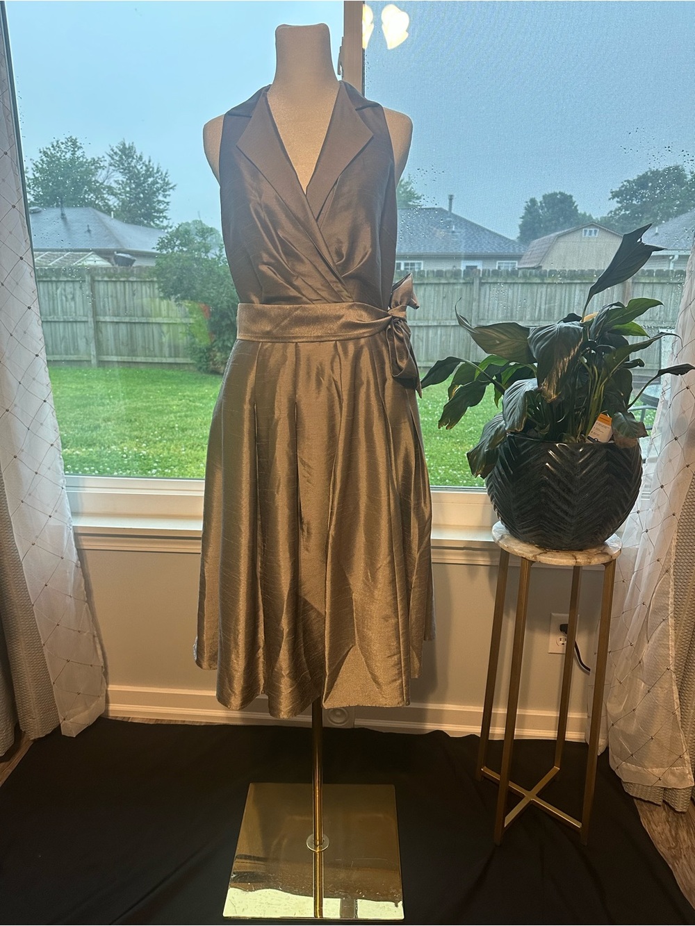 Jones Studio Satin Wrap Midi Dress in Champagne